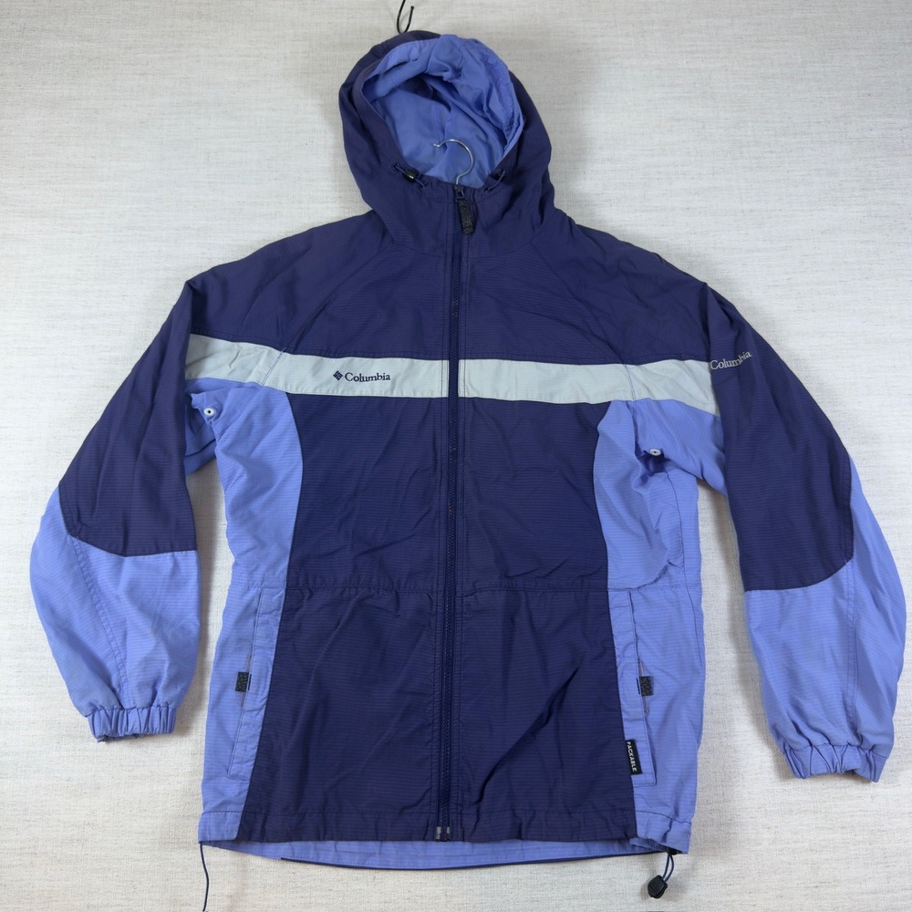 Columbia Packable Windbreaker Jacket Purple Blue Colorblock Hooded Womens Medium